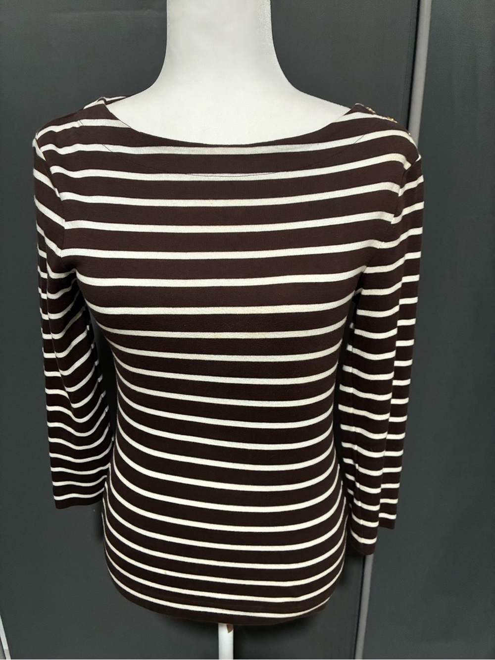 Tory Burch Womens Brown and White Striped Boatneck Top
